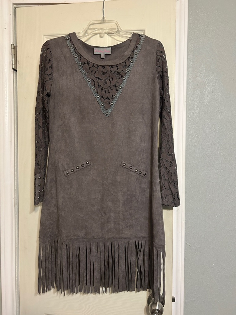 Moving🚚Sale! Pretty Angel gray fringe suede dress